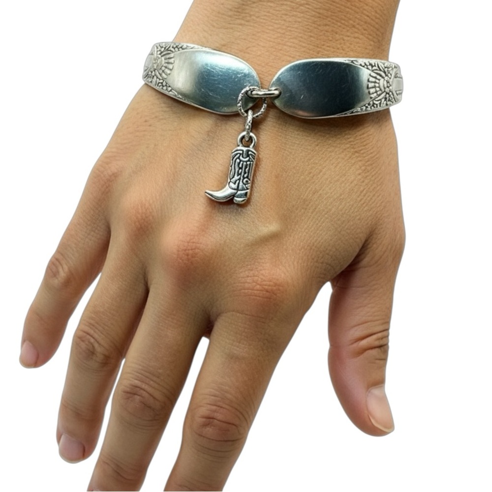 Vintage Spoon Bangle Bracelet - Floral Design Cowboy Boot Charm | Alma Antigua